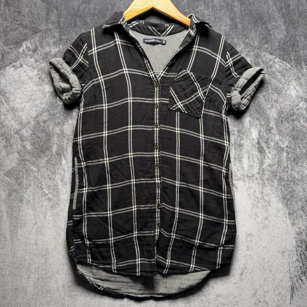 Abercrombie & Fitch Button Up Shirt Womens XSP Black Relaxed Woven Plaid Tunic
